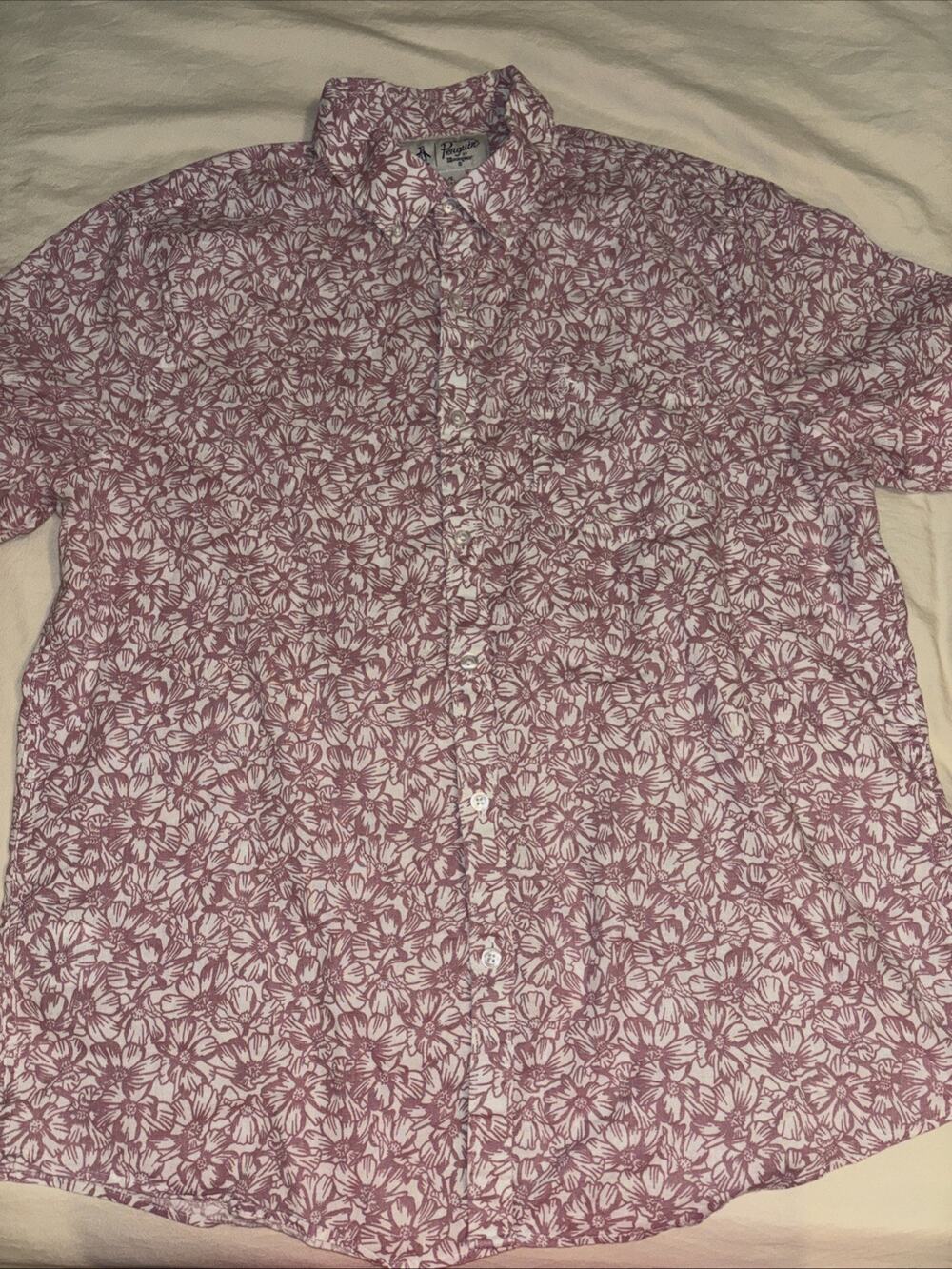 Original Penguin Mens L Large Shirt Heritage Slim Fit Pink Daisy Floral Print